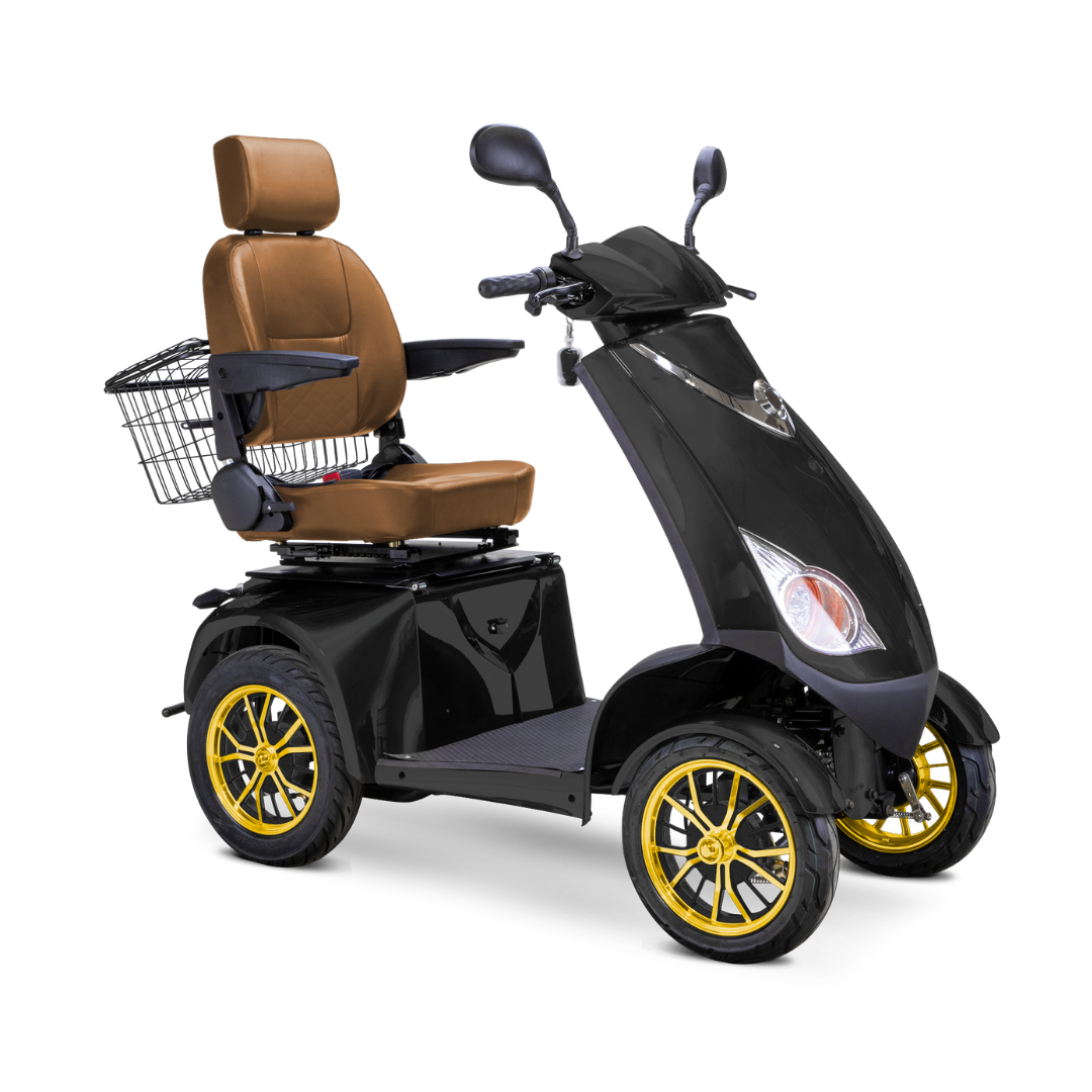 The Bespoke Platinum Recreational 4-Wheel Scooter features a black finish, high-performance motor, golden rims, brown cushioned seat with armrests and headrest, rearview mirrors, and a rear metal basket. Includes electric brake assist.